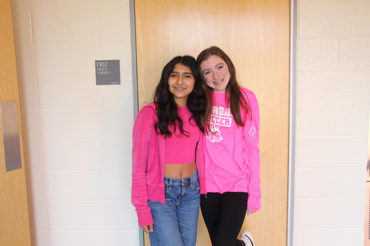 Sophomores Anadaly Lopez and Ainsley Lyon participate in Barbie vs. Oppenheimer day 