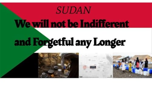 Sudans flag with pictures of the humanitarian crisis