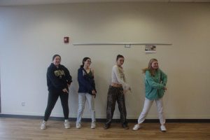 Sophomore Libby Burns, Senior Aleia Aleman, Senior Alyssa Ruthstrom, Sophomore Emerson Dunning dancing to "Dancing Queen"