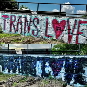 A "Trans Love" mural atop East Rock in New Haven before and after it was vandalized.
