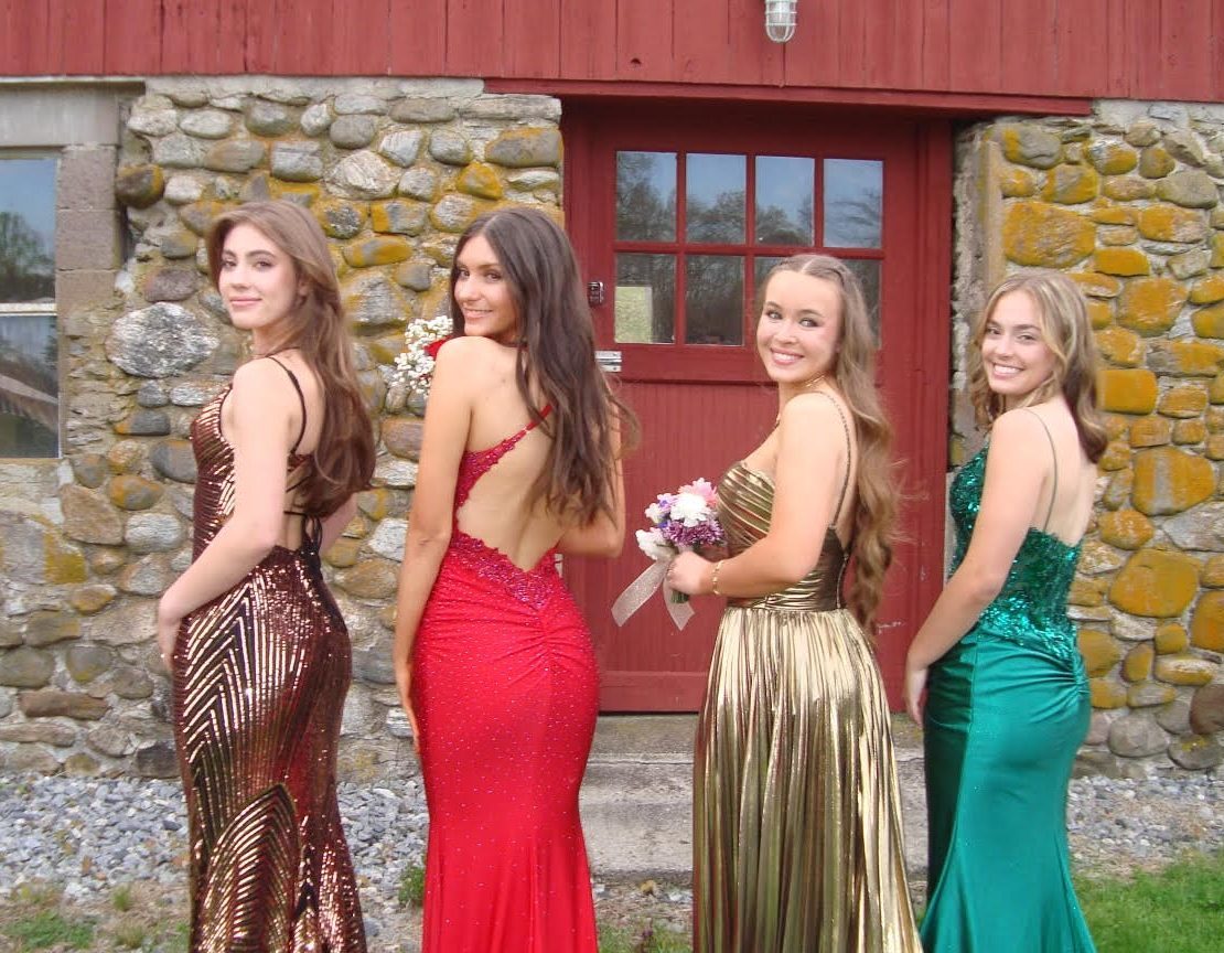 Pictured from left to right is Ava Ruotolo, Alyssa Ruthstrom, Laura Orn, and Olivia Ruotolo posing in their junior prom dresses.