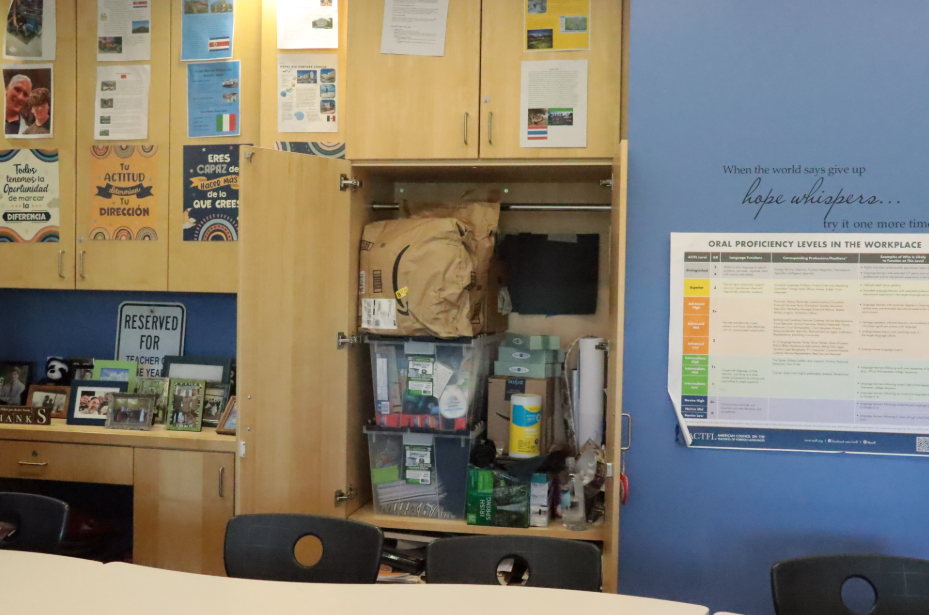 Closet in Mrs. Luther's classroom filled with donation items
