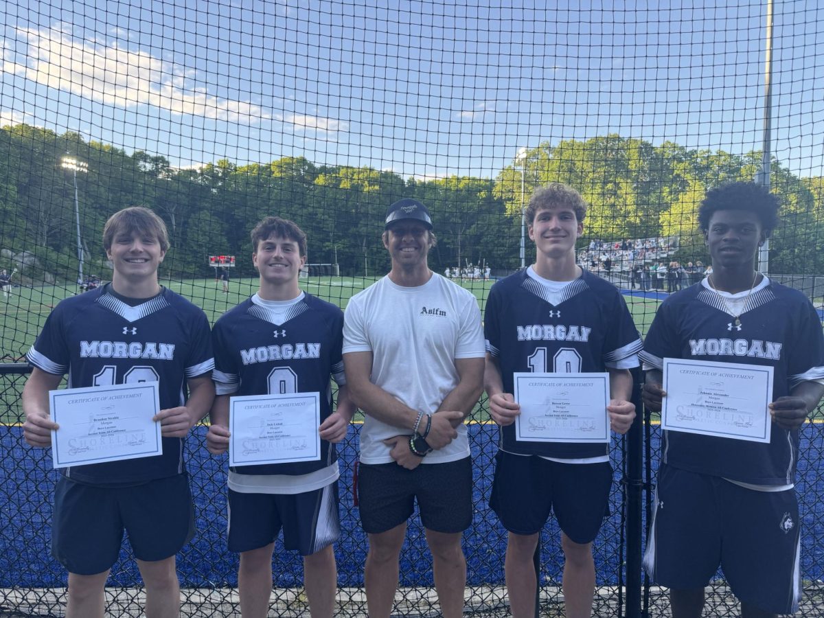 Steahle, Lichack, Gersz, and Alexander standing with their coach, Connor Page